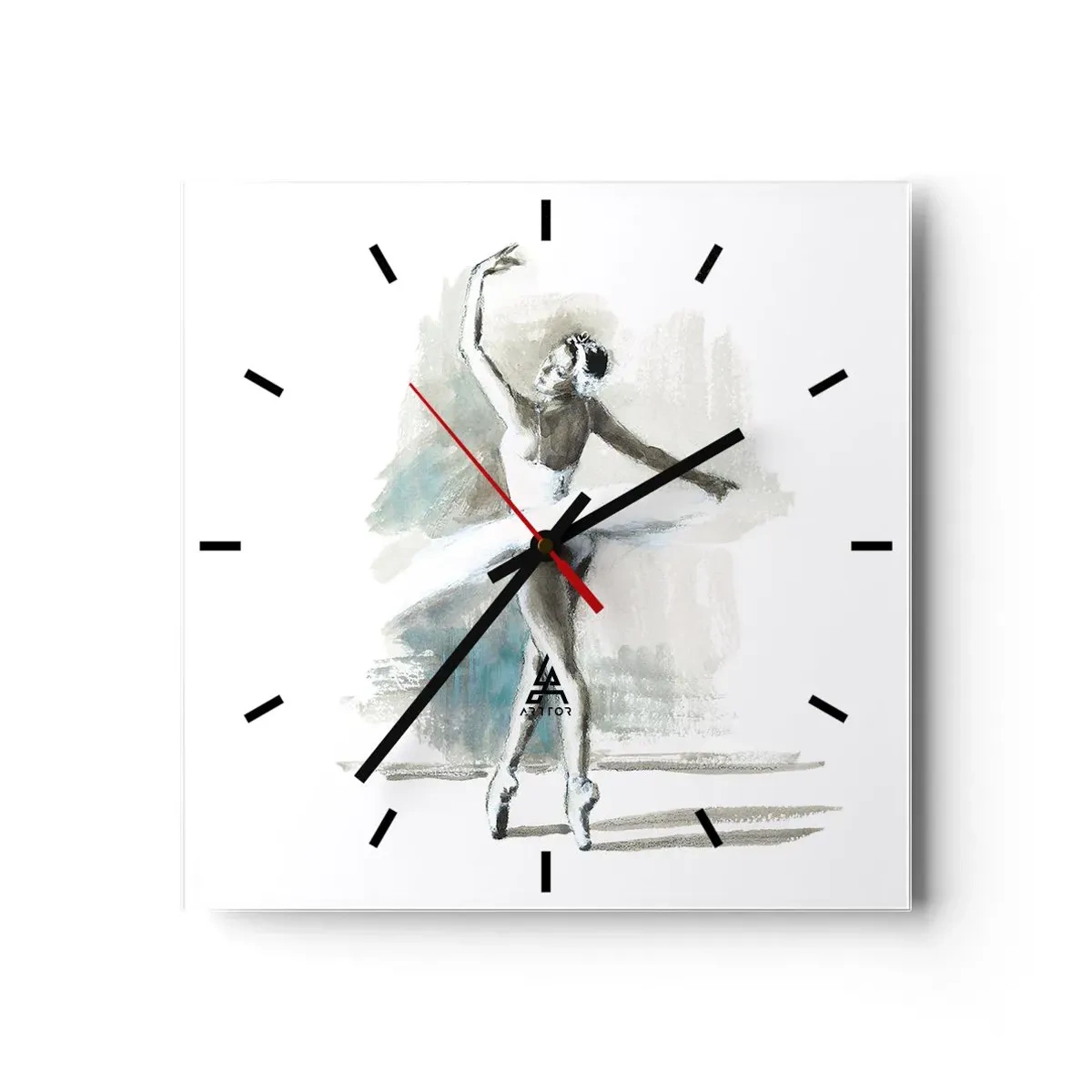 Reloj de pared - Reloj de vidrio - Una bailarina de ballet en pose de ballet sobre un fondo de delicados tonos de acuarela. - 30x30cm - Encantada por un cisne - Decoración de pared moderna para salón y dormitorio ARTTOR