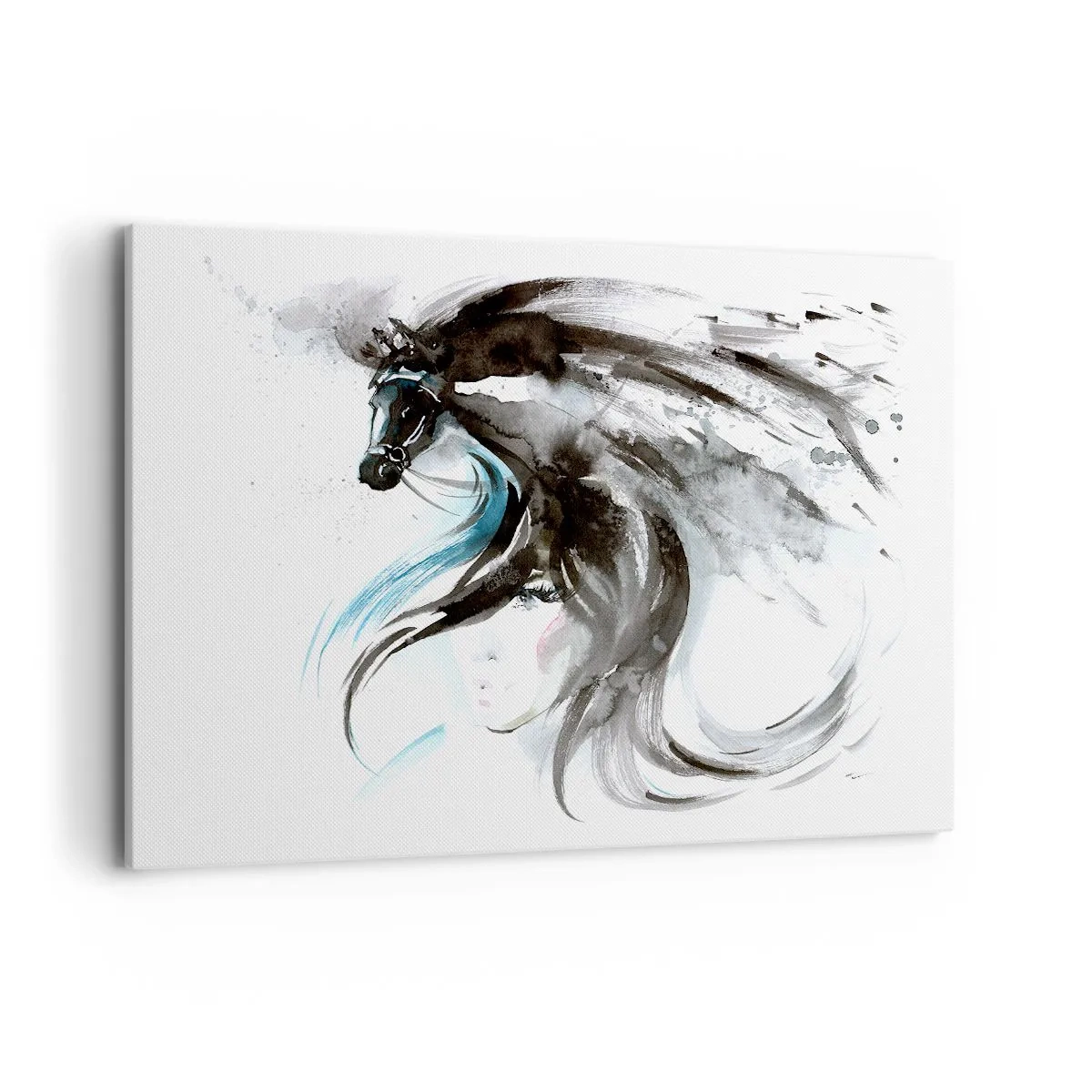 Cuadro sobre lienzo - Impresión de Imagen - Una mujer y un caballo en una acuarela mística llena de dinámica. - 120x80cm - El galope del Príncipe Negro - Decoración de pared moderna para salón y dormitorio ARTTOR