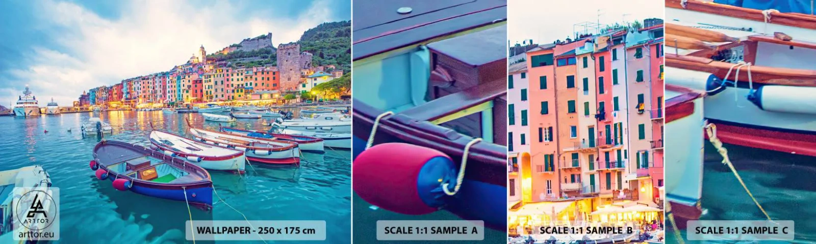 Muestra de fotomural autoadhesivo Deluxe Sticker - Una noche colorida en el puerto - Ciudad portuaria, Arquitectura, Paisaje - 100x30 cm