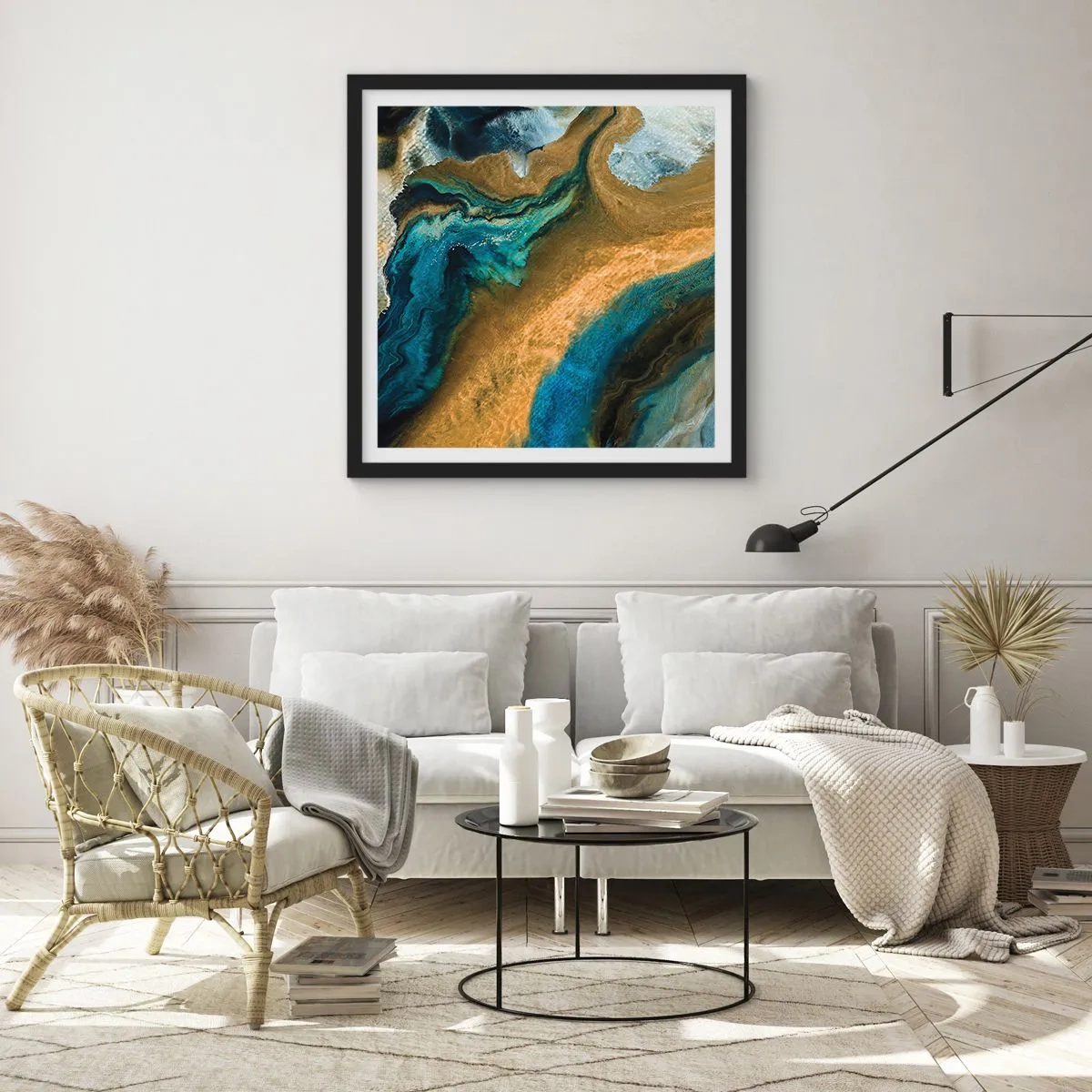 Póster en marco negro - Azul - amarillo - influencia mutua - 30x30 cm
