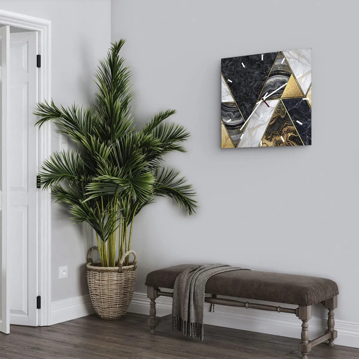 Reloj de pared - Reloj de vidrio - Triángulos geométricos en dorado, mármol y tonos oscuros. - 30x30cm - Collage de piedras - Decoración de pared moderna para salón y dormitorio ARTTOR