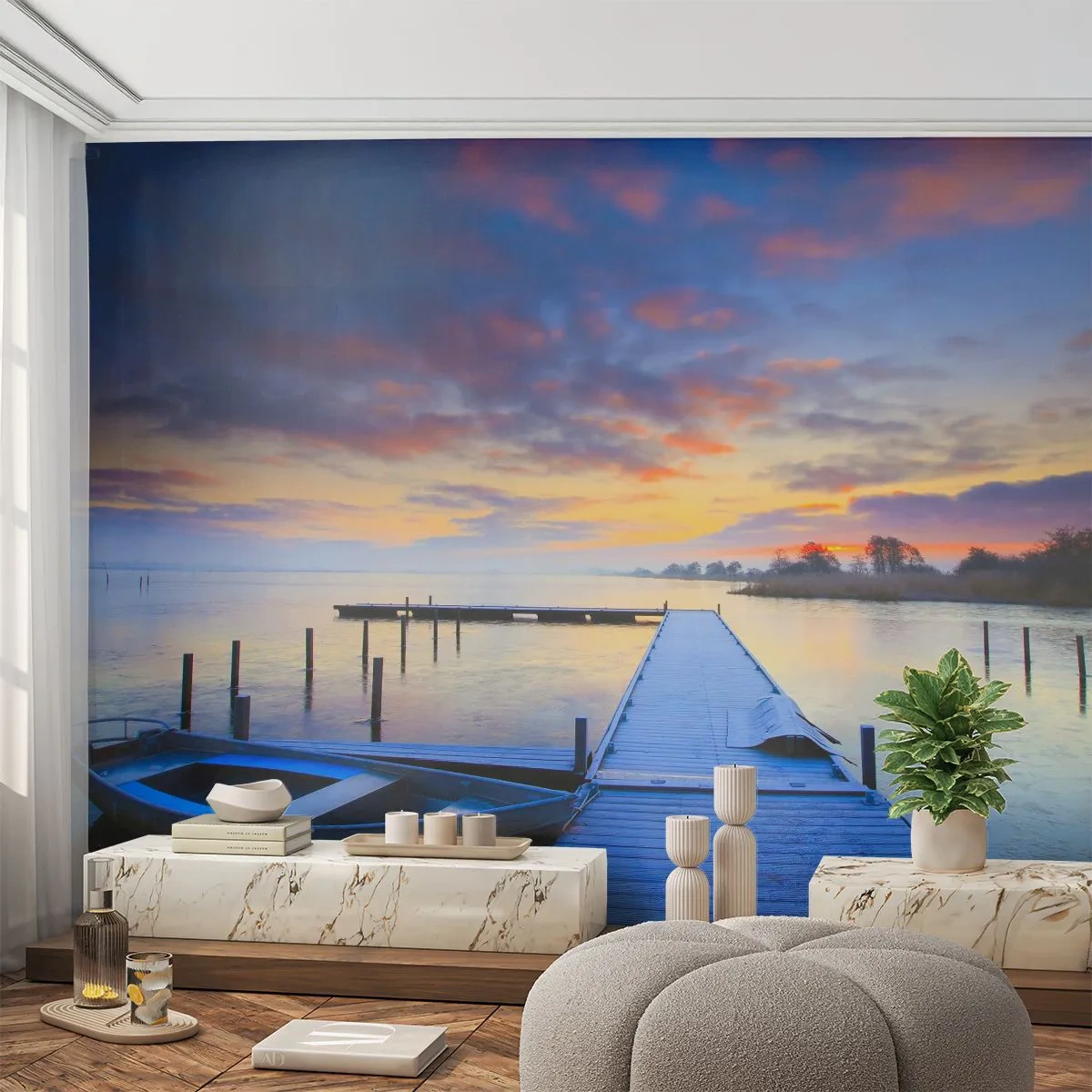 Fotomural Premium Canvas - Calma púrpura y dorada - Paisaje, Lago, Bote - 250x175 cm