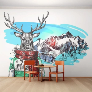 Fotomural Standard Eco - Un ciervo con un suéter y una bufanda de invierno frente a un paisaje montañoso. - 100x70cm - Ni el ciervo pasa frío - Decoración de pared moderna para salón y dormitorio ARTTOR