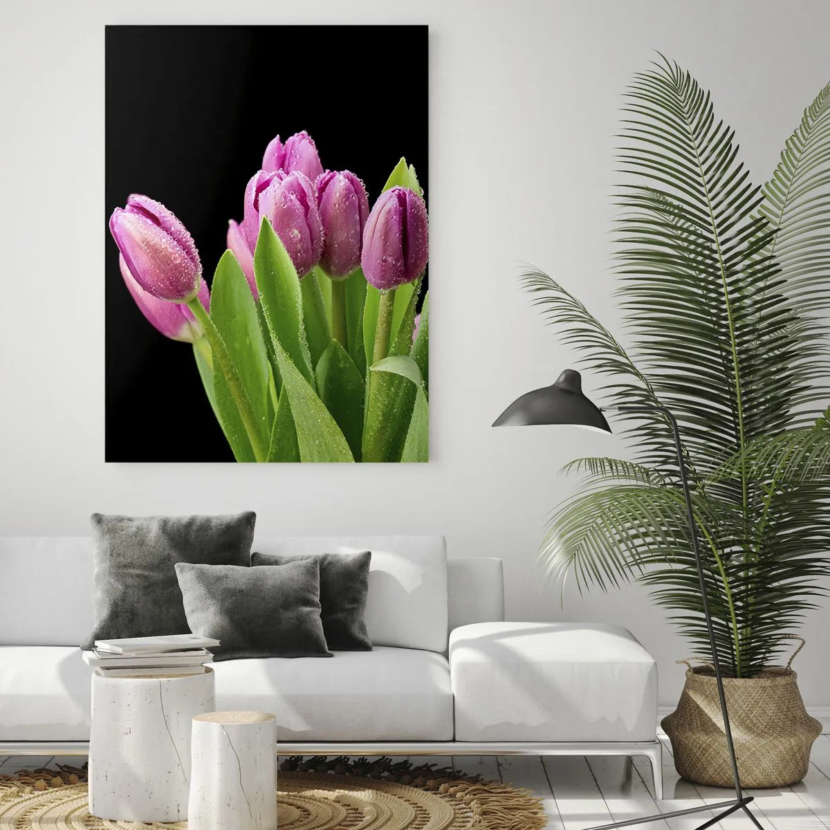 Cuadro sobre vidrio - Impresiones sobre Vidrio - Un ramo de tulipanes rosas cubiertos de gotas de agua sobre un fondo negro. - 50x70cm - La alegría de la primavera - Decoración de pared moderna para salón y dormitorio ARTTOR