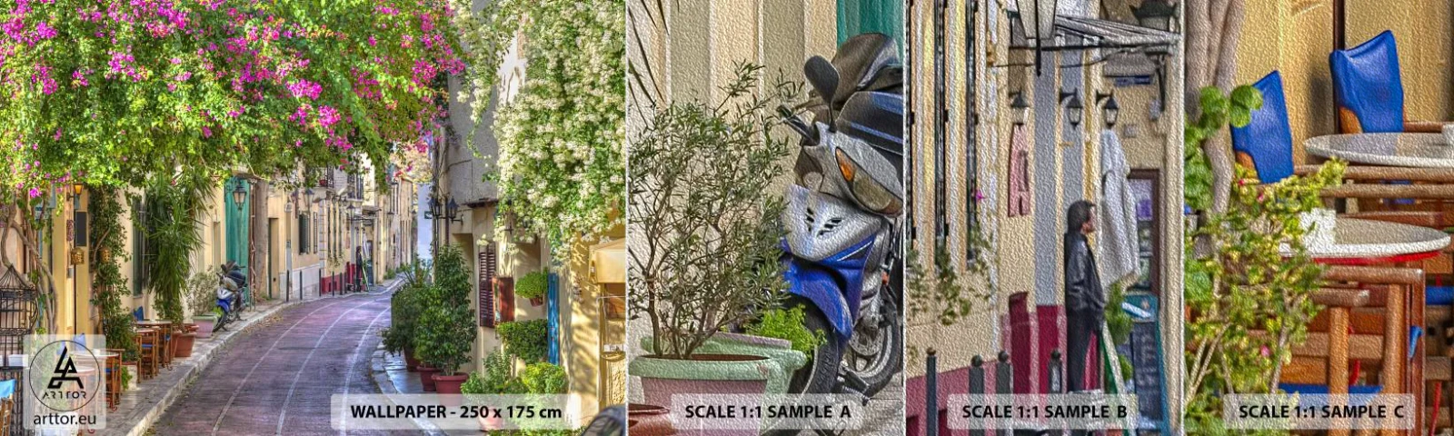 Muestra de fotomural Premium Sand - Un callejón floreciente - Arquitectura, Grecia, Ciudad - 100x30 cm