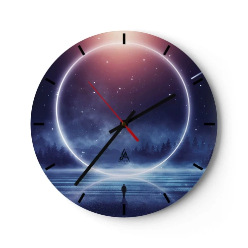 Reloj de pared - Reloj de vidrio - Un anillo espacial sobre el agua y una figura mirando hacia él. - 30x30cm - Ya están aquí... - Decoración de pared moderna para salón, cocina y dormitorio ARTTOR
