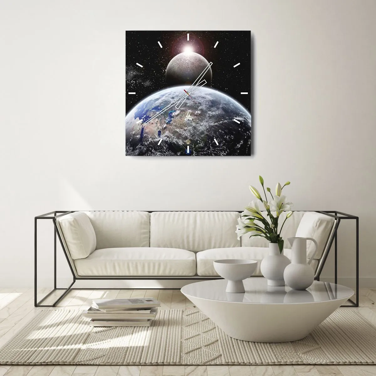 Reloj de pared - Reloj de vidrio - El planeta Tierra y la Luna con el espacio exterior estrellado como telón de fondo. - 30x30cm - Paisaje cósmico - amanecer - Decoración de pared moderna para salón y dormitorio ARTTOR