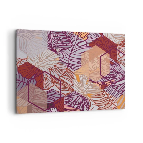 Cuadro sobre lienzo - Impresión de Imagen - Un patrón decorativo de hojas tropicales en tonos morado, naranja y beige. - 100x70cm - La unión imposible de la geometría y la naturaleza - Decoración de pared moderna para salón y dormitorio ARTTOR
