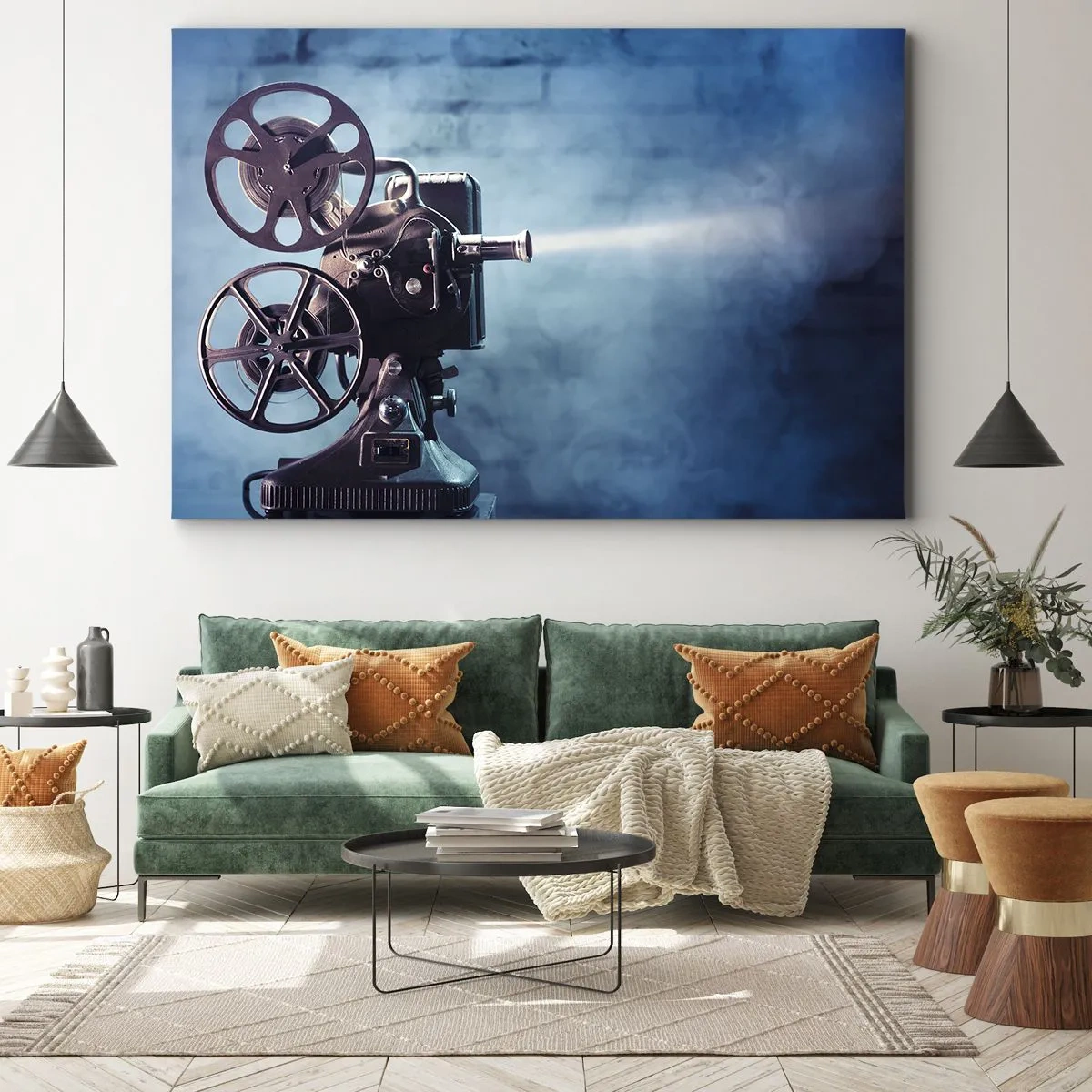 Cuadro sobre lienzo - Impresión de Imagen - Un antiguo proyector de películas que proyecta luz sobre un fondo azul. - 100x70cm - En el antiguo cine - Decoración de pared moderna para salón y dormitorio ARTTOR