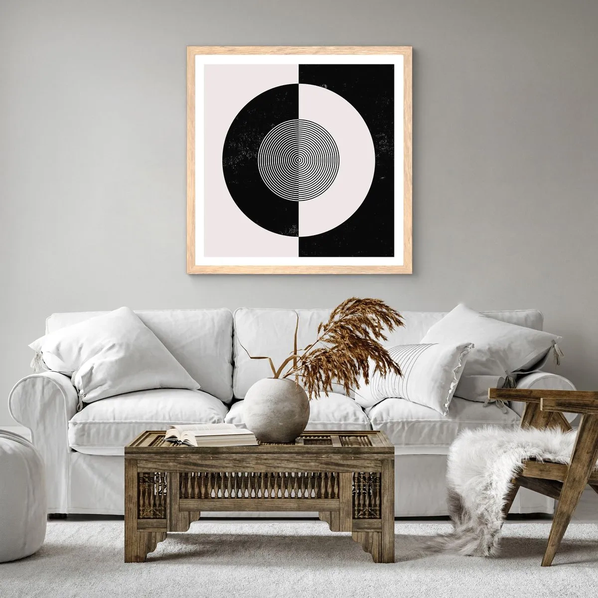 Póster en marco roble claro - Armonía en blanco y negro - 50x50 cm
