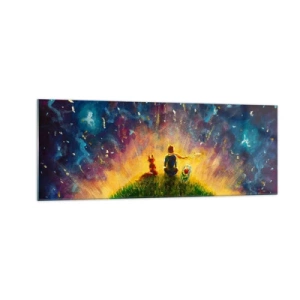 Cuadro sobre vidrio - Impresiones sobre Vidrio - Figuras en una colina verde rodeada de un cielo estrellado. - 140x50cm - Amor y amistad - lo único entero - Decoración de pared moderna para salón y dormitorio ARTTOR