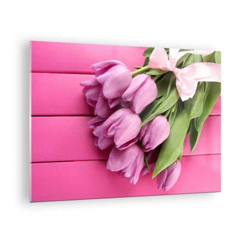 Cuadro sobre vidrio - Impresiones sobre Vidrio - Un ramo de tulipanes rosas sobre un fondo de madera. - 70x50cm - Solo para ti - Decoración de pared moderna para salón y dormitorio ARTTOR