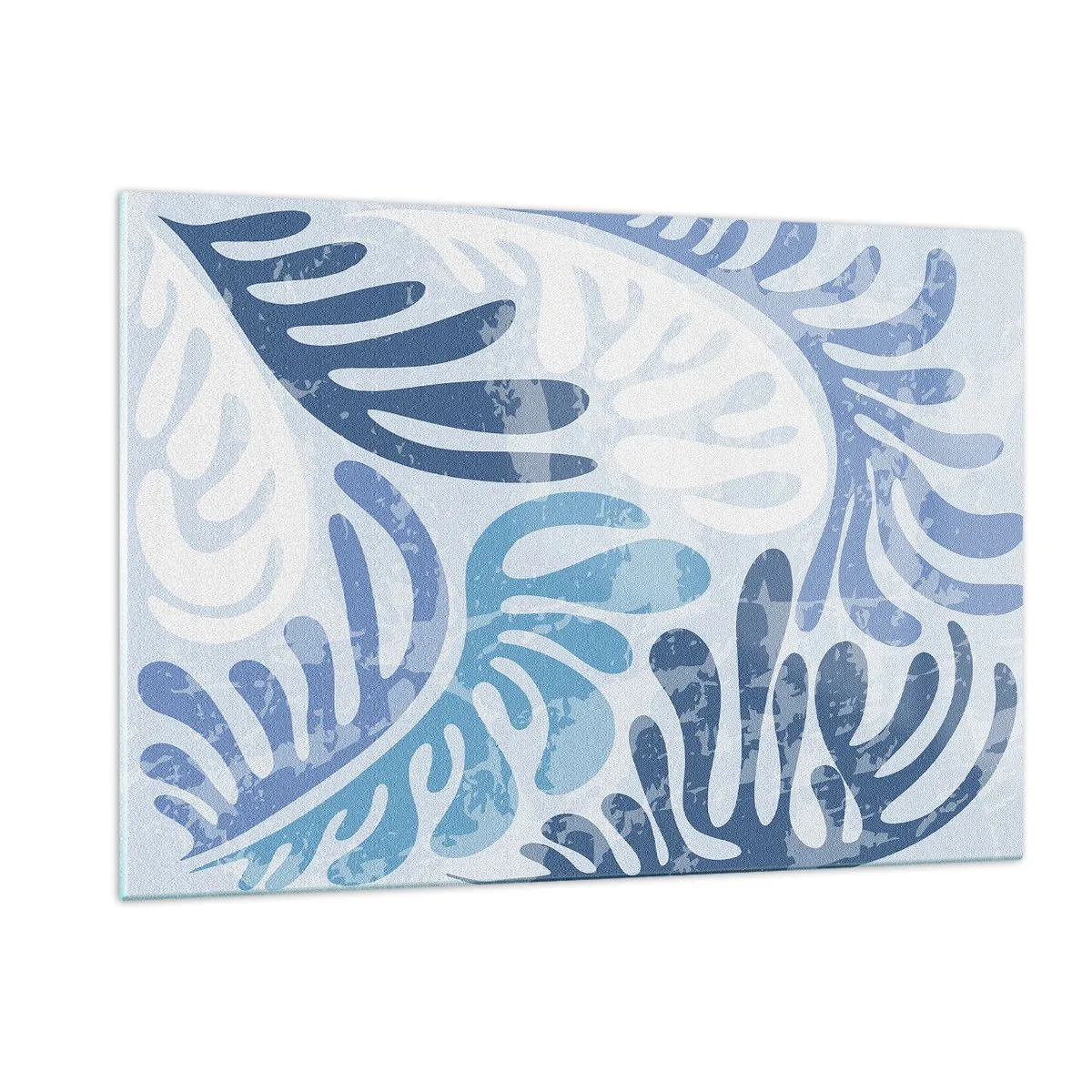 Cuadro sobre vidrio - Impresiones sobre Vidrio - Hojas de helecho decorativas en tonos azules sobre un fondo claro. - 120x80cm - Helechos azules - Decoración de pared moderna para salón y dormitorio ARTTOR