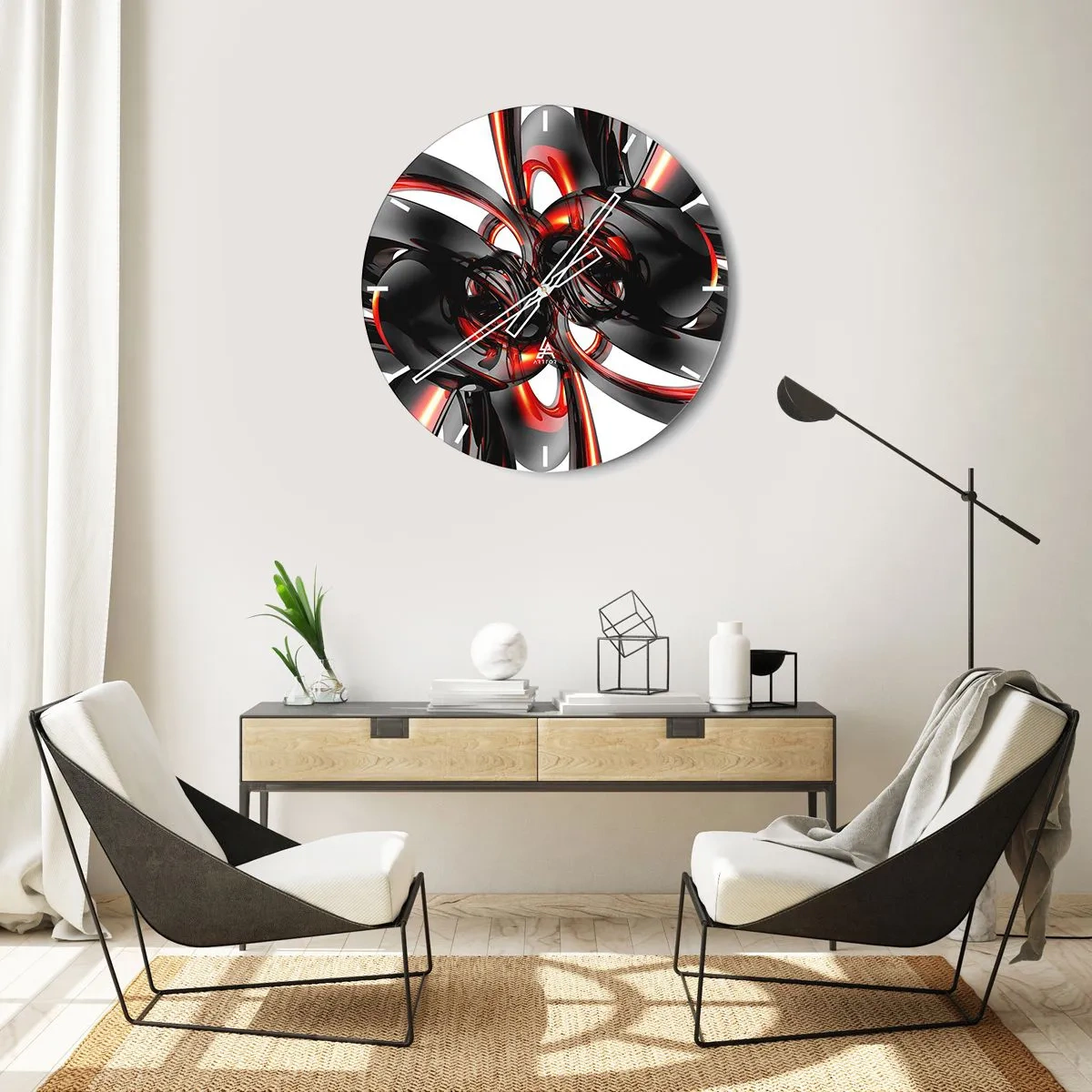 Reloj de pared - Reloj de vidrio - Patrón abstracto con formas rojas y negras - 30x30cm - Movimiento en grafito y rojo - Decoración de pared moderna para salón, cocina y dormitorio ARTTOR