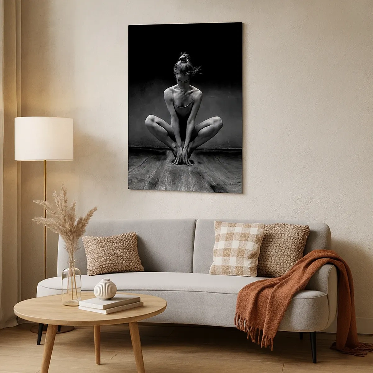 Cuadro sobre lienzo - Impresión de Imagen - Un retrato en blanco y negro de una bailarina en plena concentración. - 50x70cm - Concentración de energía del baile - Decoración de pared moderna para salón y dormitorio ARTTOR