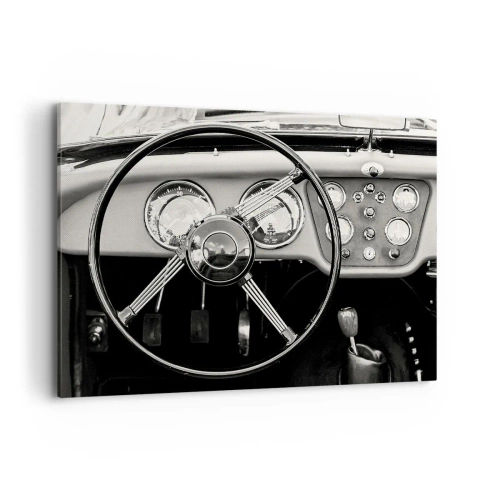 Cuadro sobre lienzo - Impresión de Imagen - Interior de coche clásico en blanco y negro - 100x70cm - El sueño de un coleccionista - Decoración de pared moderna para salón y dormitorio ARTTOR
