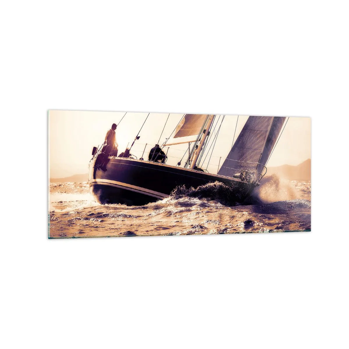 Cuadro sobre vidrio - Impresiones sobre Vidrio - Un yate en un mar tempestuoso a la luz del sol poniente. - 120x50cm - Navega, marinero - Decoración de pared moderna para salón y dormitorio ARTTOR
