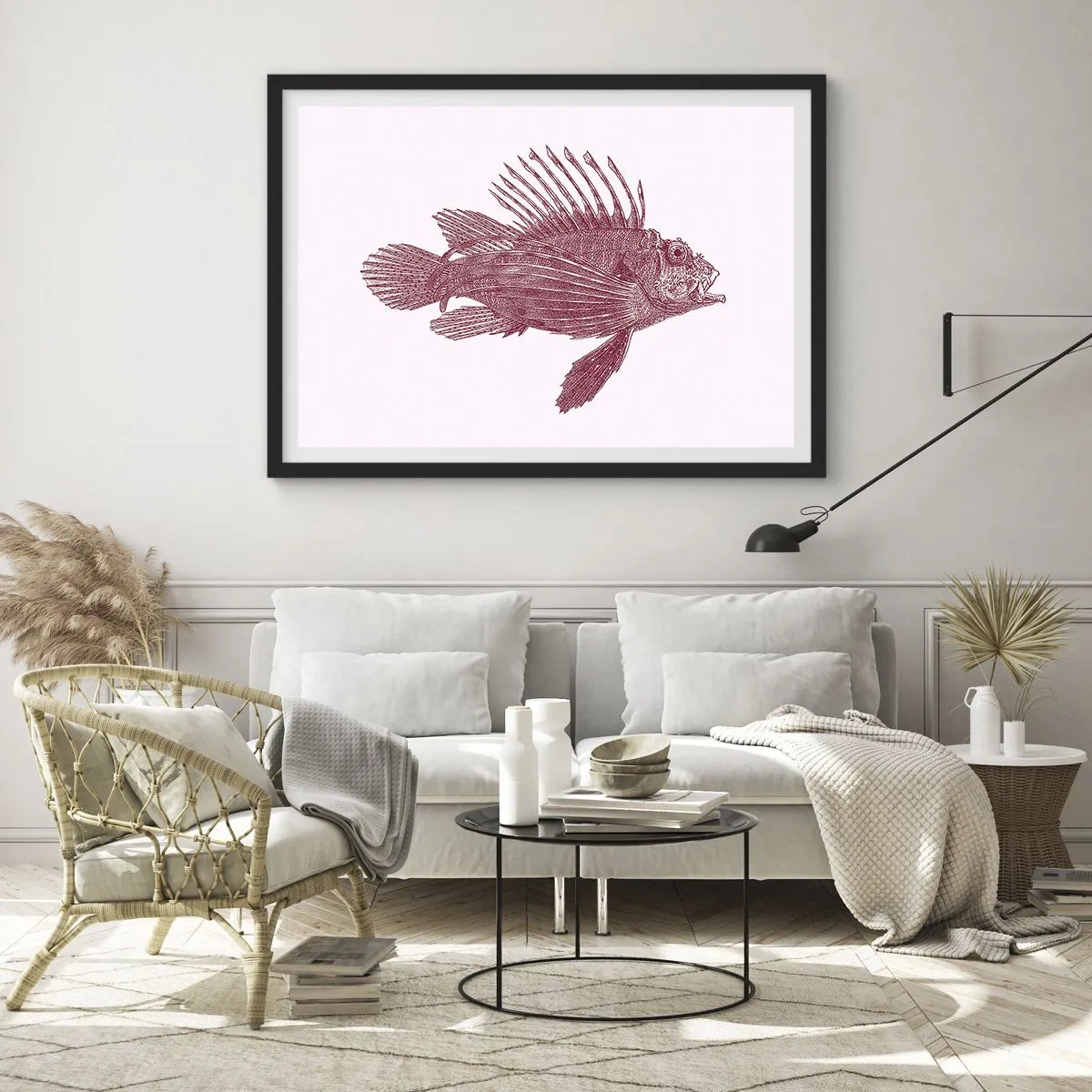 Póster en marco negro - Dibujo de un pez en tono rojo. - 70x50cm - Un habitante de aguas exóticas - Decoración de pared moderna para salón y dormitorio ARTTOR