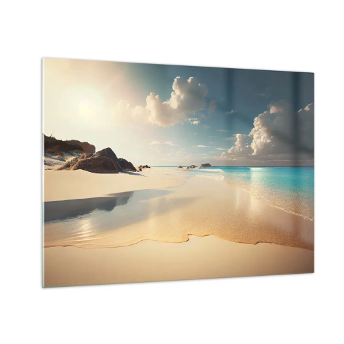 Cuadro sobre vidrio - Impresiones sobre Vidrio - Playa dorada y mar turquesa a la luz del sol de la mañana. - 70x50cm - Un día de ensueño - Decoración de pared moderna para salón y dormitorio ARTTOR