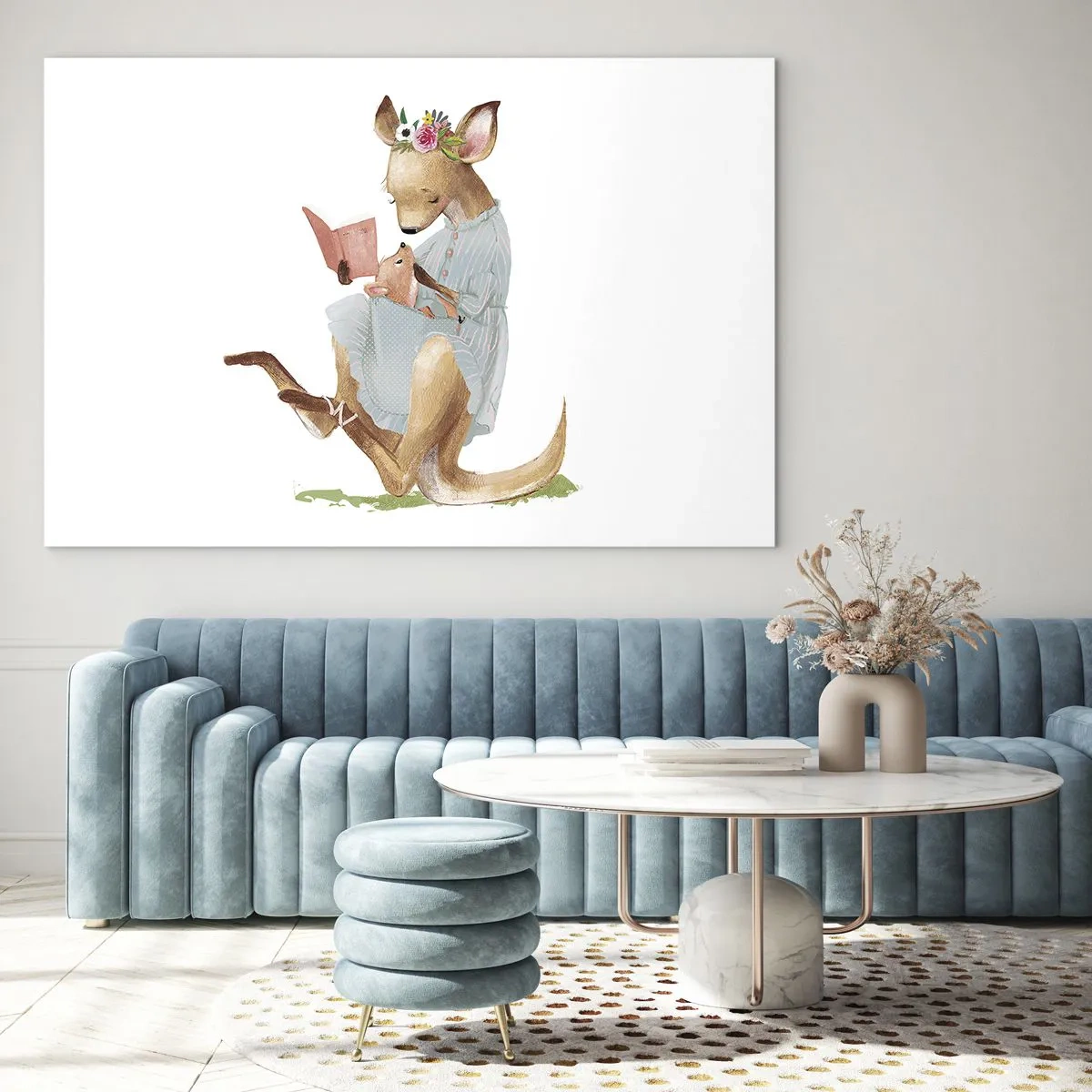 Cuadro sobre vidrio - Impresiones sobre Vidrio - Una madre canguro leyéndole un libro a un bebé canguro. - 70x50cm - Léeme un cuento, mamá - Decoración de pared moderna para salón y dormitorio ARTTOR
