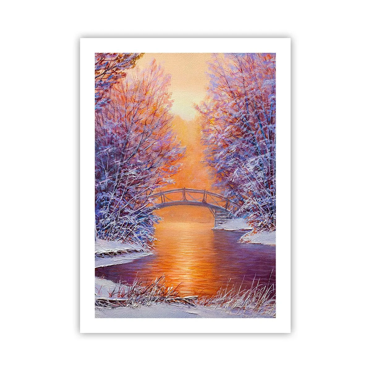Póster - Paisaje invernal con un puente y el sol poniente reflejado en el río. - 50x70cm - Reunámonos aquí - Decoración de pared moderna para salón y dormitorio ARTTOR