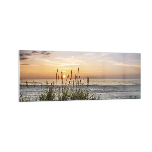 Cuadro sobre vidrio - Impresiones sobre Vidrio - Una playa de arena al atardecer con césped al fondo. - 140x50cm - Mira, piensa, siente - Decoración de pared moderna para salón y dormitorio ARTTOR