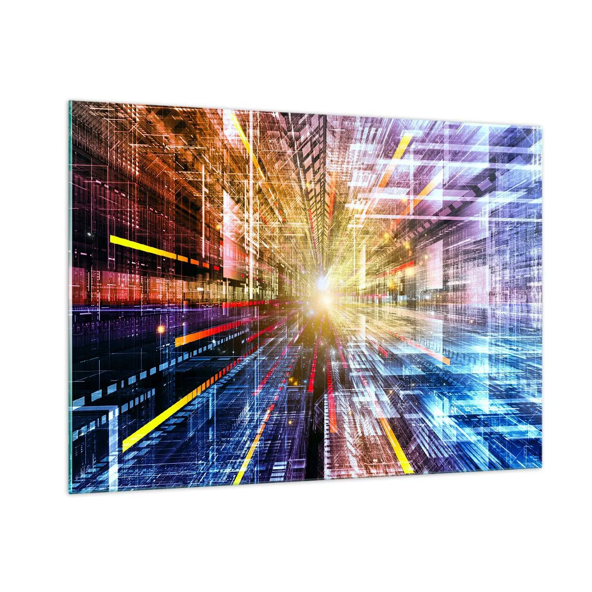 Cuadro sobre vidrio - Impresiones sobre Vidrio - Visión abstracta con líneas de colores y luz. - 100x70cm - Un pasillo luminoso - Decoración de pared moderna para salón y dormitorio ARTTOR