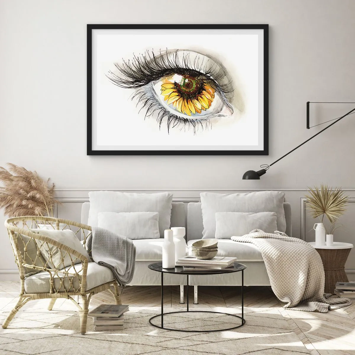 Póster en marco negro - Ojo artístico con iris en forma de girasol. - 70x50cm - Un aspecto tan caluroso como el verano - Decoración de pared moderna para salón y dormitorio ARTTOR