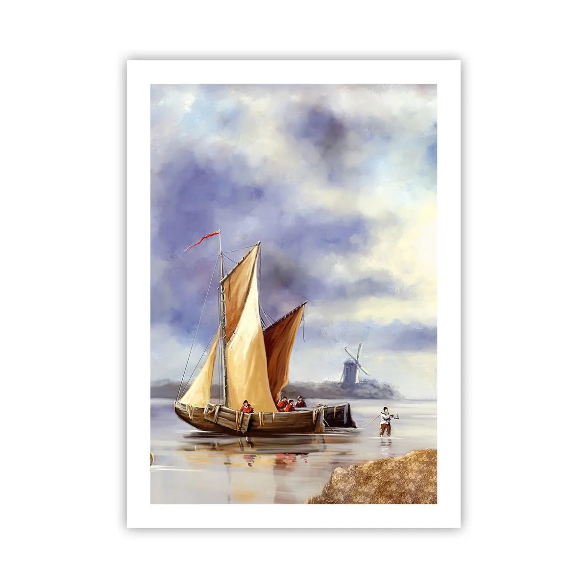 Póster - Un velero en la orilla con un molino de viento al fondo. - 50x70cm - El regreso de los marineros - Decoración de pared moderna para salón y dormitorio ARTTOR