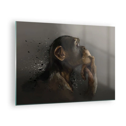 Cuadro sobre vidrio - Impresiones sobre Vidrio - Un mono pensativo sobre un fondo oscuro con efecto de salpicaduras. - 70x50cm - La evolución del pensador - Decoración de pared moderna para salón y dormitorio ARTTOR