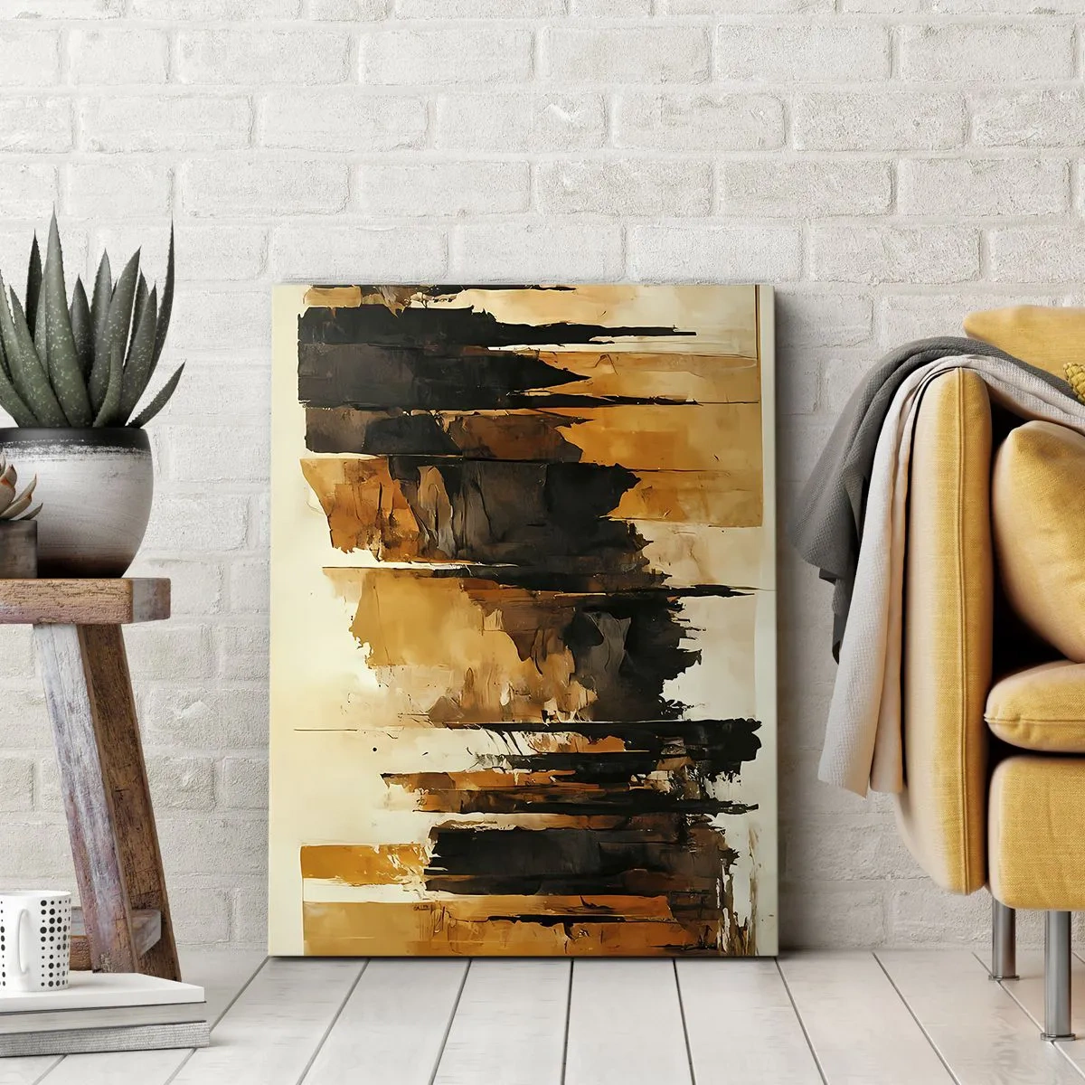 Cuadro sobre lienzo - Impresión de Imagen - Rayas abstractas doradas y negras en una composición artística - 50x70cm - Armonía de negro y oro - Decoración de pared moderna para salón y dormitorio ARTTOR