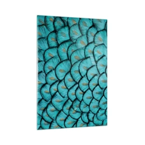 Cuadro sobre vidrio - Impresiones sobre Vidrio - Un patrón que se asemeja a escamas turquesas con acentos dorados. - 80x120cm - La gran gala de las plumas - Decoración de pared moderna para salón y dormitorio ARTTOR