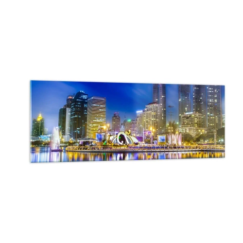 Cuadro sobre vidrio - Impresiones sobre Vidrio - Panorama nocturno de la ciudad con luces reflejadas en el agua. - 140x50cm - La noche del arco iris de la metrópoli - Decoración de pared moderna para salón y dormitorio ARTTOR