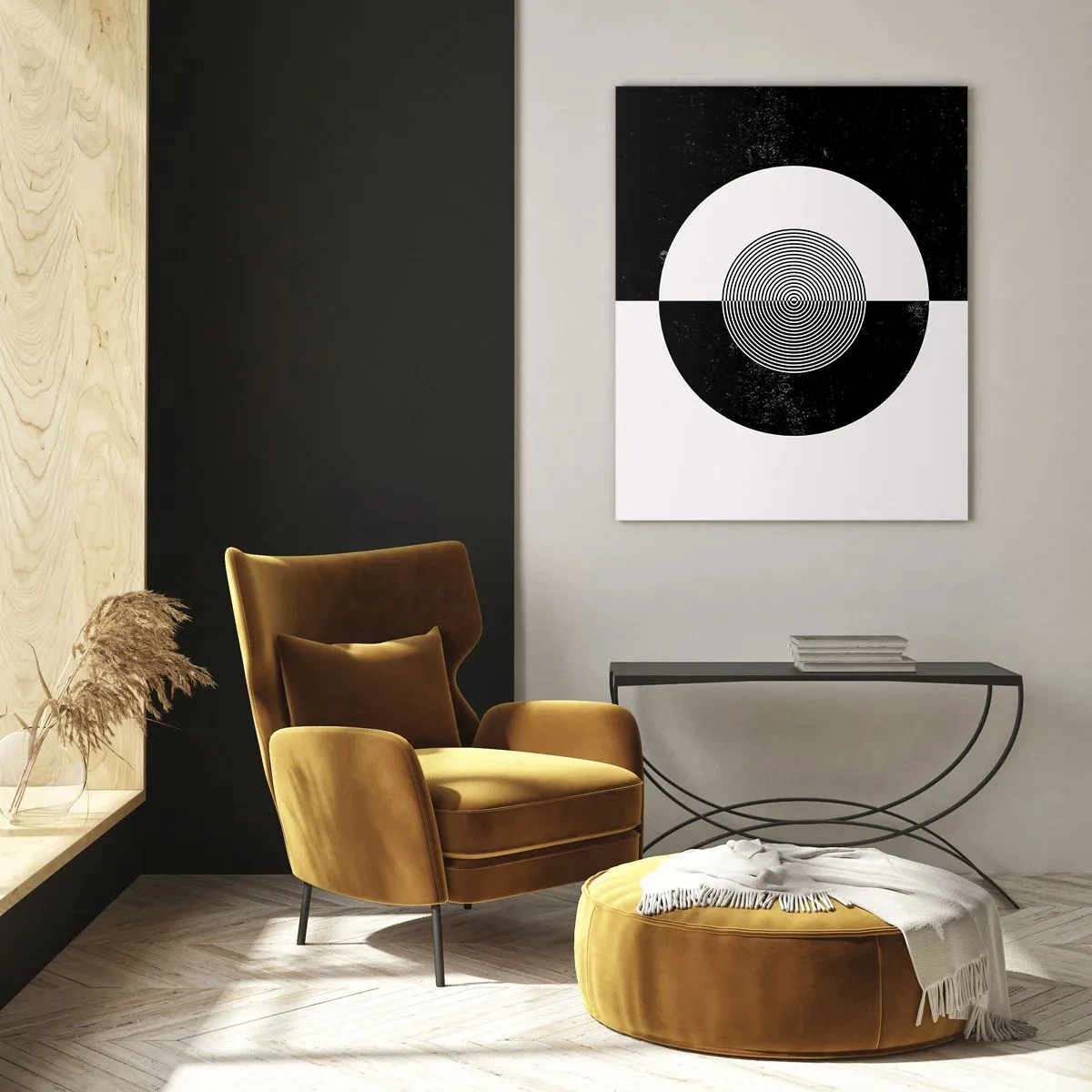 Cuadro sobre vidrio - Impresiones sobre Vidrio - Patrón gráfico en blanco y negro contrastante - 70x100cm - Armonía en blanco y negro - Decoración de pared moderna para salón y dormitorio ARTTOR