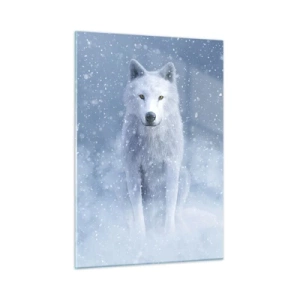 Cuadro sobre vidrio - Impresiones sobre Vidrio - Un lobo blanco en una tormenta de nieve mirando hacia adelante. - 50x70cm - El espíritu del invierno - Decoración de pared moderna para salón y dormitorio ARTTOR