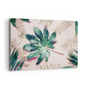 Cuadro sobre lienzo - Impresión de Imagen - Hojas tropicales sobre un fondo pastel claro. - 100x70cm - Estudio de vegetación sobre fondo rosa - Decoración de pared moderna para salón y dormitorio ARTTOR