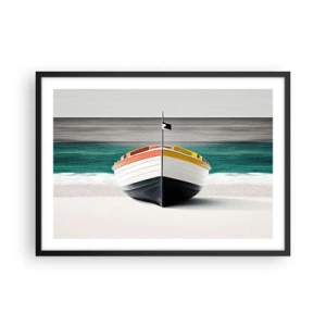 Póster en marco negro - Un barco en la playa con un mar turquesa al fondo. - 70x50cm - En su lugar exacto - Decoración de pared moderna para salón y dormitorio ARTTOR