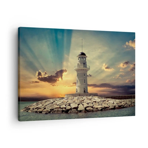 Cuadro sobre lienzo - Impresión de Imagen - Un faro al atardecer contra el cielo. - 70x50cm - Luz - Bondad - Belleza - Decoración de pared moderna para salón y dormitorio ARTTOR
