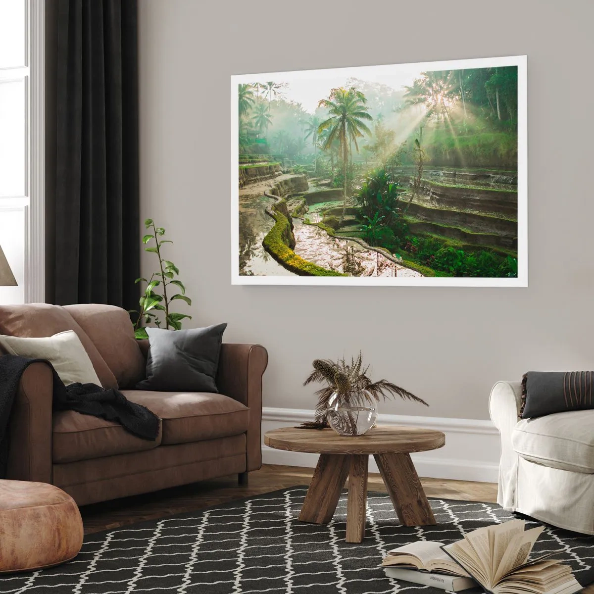Póster - Terrazas de arroz con palmeras bajo los rayos del sol - 100x70cm - Crecer bajo el sol - Decoración de pared moderna para salón y dormitorio ARTTOR