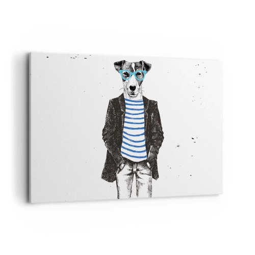 Cuadro sobre lienzo - Impresión de Imagen - Retrato de un perro con gafas y camisa de marinero en estilo humorístico. - 120x80cm - El encanto del perro - Decoración de pared moderna para salón y dormitorio ARTTOR