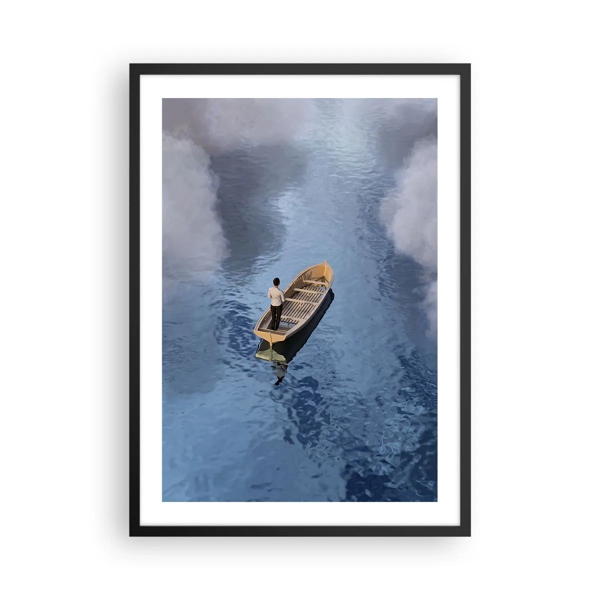 Póster en marco negro - Una persona en un bote flotando en el agua reflejando el cielo y las nubes. - 50x70cm - La vida - el viaje - lo desconocido - Decoración de pared moderna para salón y dormitorio ARTTOR