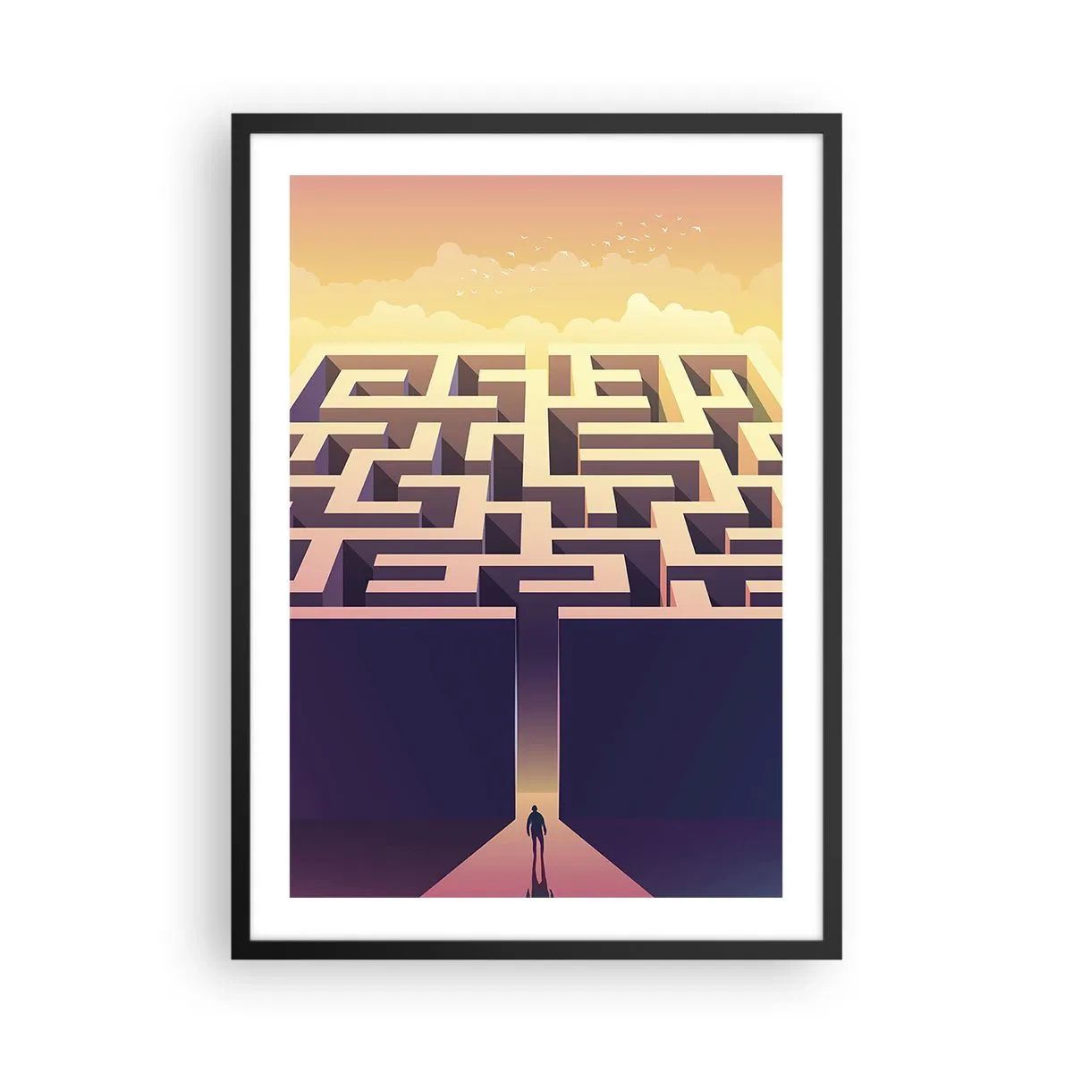 Póster en marco negro - Un laberinto simbólico en luz dorada - 50x70cm - Momento de tomar decisiones - Decoración de pared moderna para salón y dormitorio ARTTOR