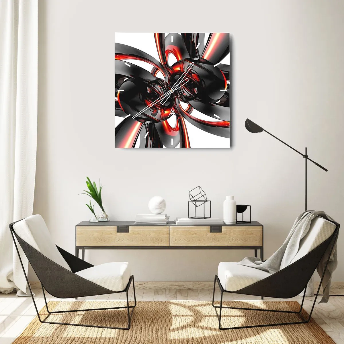 Reloj de pared - Reloj de vidrio - Movimiento en grafito y rojo - 30x30 cm