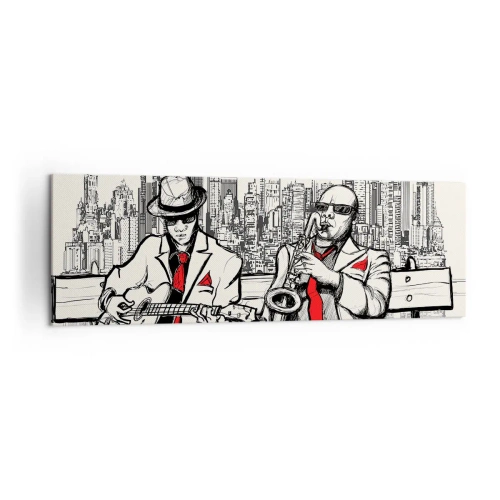 Cuadro sobre lienzo - Impresión de Imagen - Un dúo de jazz con saxofón y guitarra con la ciudad como telón de fondo. - 160x50cm - Improvisación en Nueva York - Decoración de pared moderna para salón y dormitorio ARTTOR