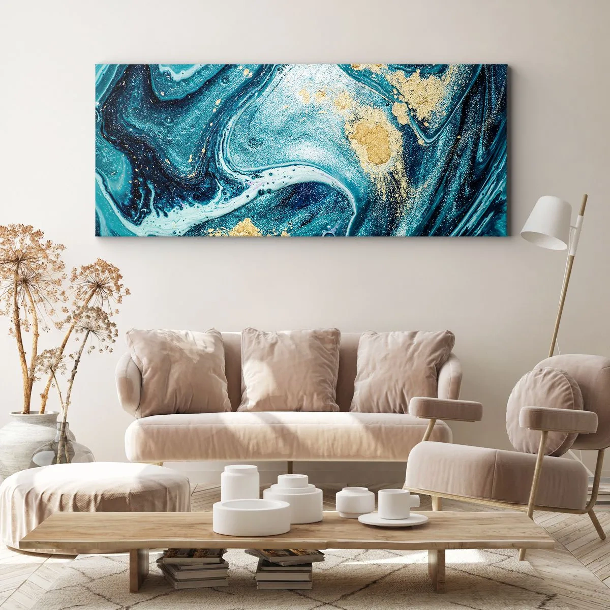 Cuadro sobre lienzo - Impresión de Imagen - Una composición abstracta de ondas y acentos dorados. - 140x50cm - Vórtice azul - Decoración de pared moderna para salón y dormitorio ARTTOR