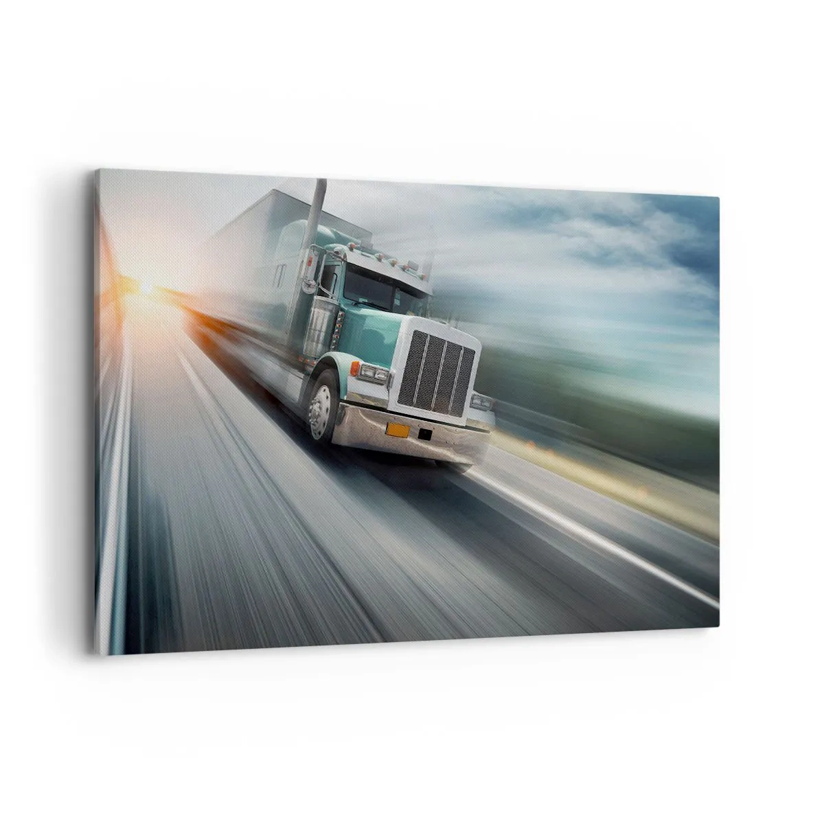 Cuadro sobre lienzo - Impresión de Imagen - Un camión en la carretera en movimiento al atardecer. - 120x80cm - Un gigante norteamericano en apuros - Decoración de pared moderna para salón y dormitorio ARTTOR