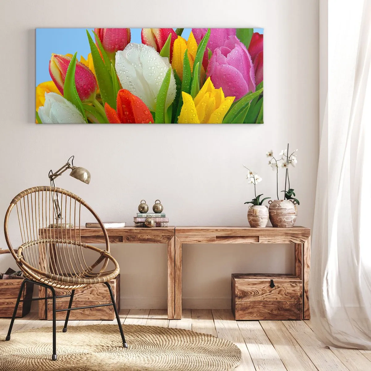 Cuadro sobre lienzo - Impresión de Imagen - Arco iris floral en gotas de rocío - 100x40 cm