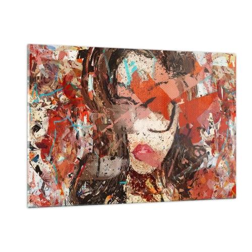 Cuadro sobre vidrio - Impresiones sobre Vidrio - Retrato abstracto de una mujer en tonos rojos y beige. - 120x80cm - Nadie sabe cómo eres realmente - Decoración de pared moderna para salón y dormitorio ARTTOR