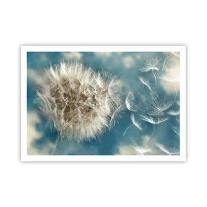 Póster - Un diente de león desperdigado contra un cielo azul. - 100x70cm - El aliento de un ángel - Decoración de pared moderna para salón y dormitorio ARTTOR