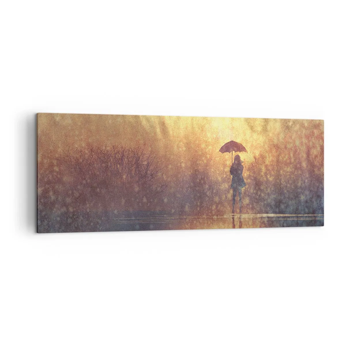 Cuadro sobre lienzo - Impresión de Imagen - Una figura con un paraguas en un paisaje brumoso lleno de reflejos. - 140x50cm - Siento que alguien me mira - Decoración de pared moderna para salón y dormitorio ARTTOR